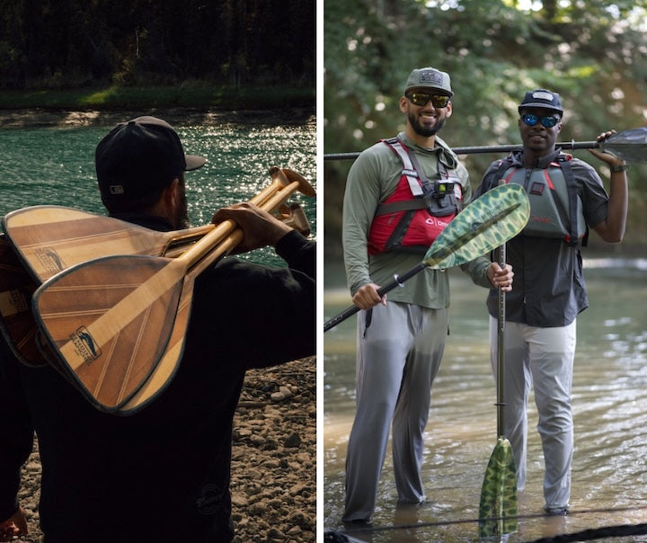 a split photo: left side a man carries several Bending Branches canoe paddles on his shoulder; right: two men stand in shallow water holding their Branches kayak fishing paddle