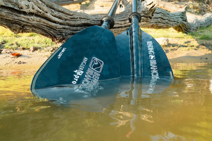 The tips of the two blades of an Angler Pro Carbon kayak fishing paddle sit in shallow water